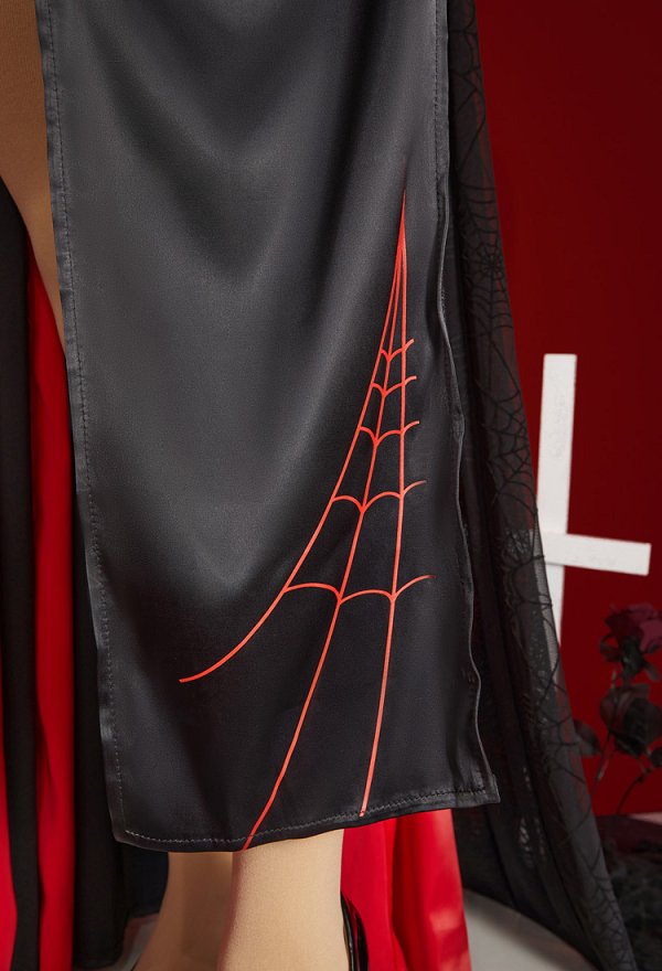Halloween Women Sexy Vampire Spider Costume Dark Gothic High Slit Dress Outfit with Sleeves Necklace