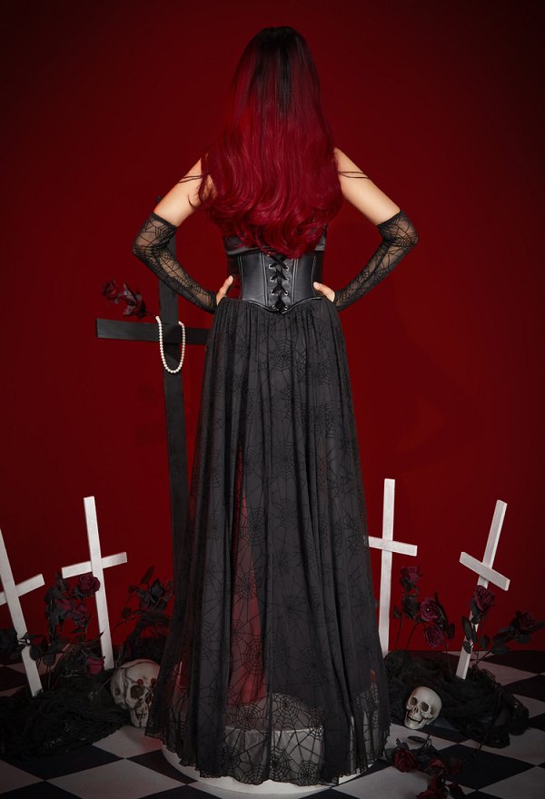 Halloween Women Sexy Vampire Spider Costume Dark Gothic High Slit Dress Outfit with Sleeves Necklace