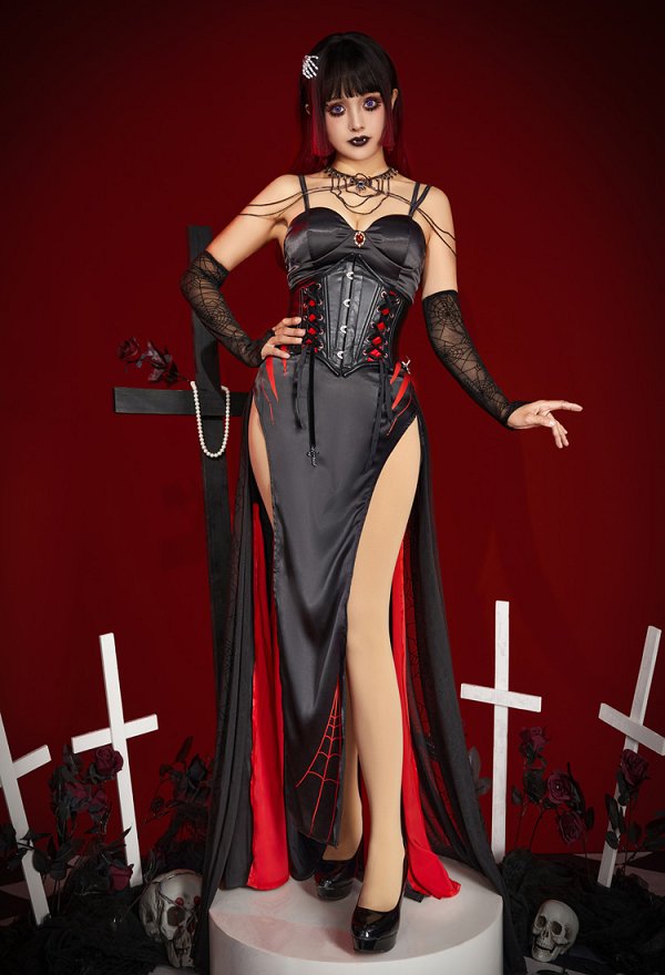 Halloween Women Sexy Vampire Spider Costume Dark Gothic High Slit Dress Outfit with Sleeves Necklace