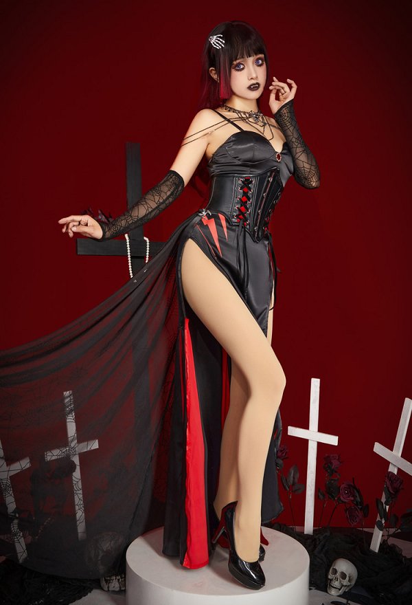 Halloween Women Sexy Vampire Spider Costume Dark Gothic High Slit Dress Outfit with Sleeves Necklace