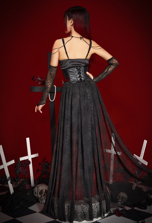 Halloween Women Sexy Vampire Spider Costume Dark Gothic High Slit Dress Outfit with Sleeves Necklace
