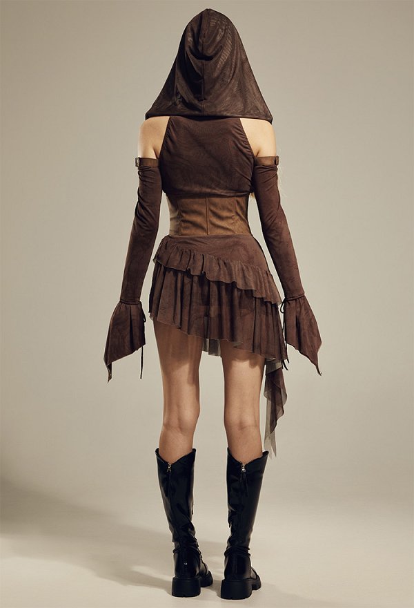 Wasteland Style Dress Set Gothic Off-Shoulder Long-Sleeve Hooded Dress and Waistband Cosplay Wasteland Style Dress Set Gothic Off-Shoulder Long-Sleeve Hooded Dress and Waistband Cosplay