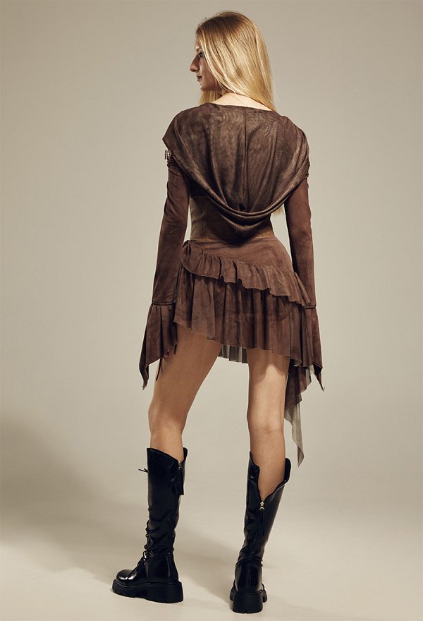Wasteland Style Dress Set Gothic Off-Shoulder Long-Sleeve Hooded Dress and Waistband Cosplay Wasteland Style Dress Set Gothic Off-Shoulder Long-Sleeve Hooded Dress and Waistband Cosplay