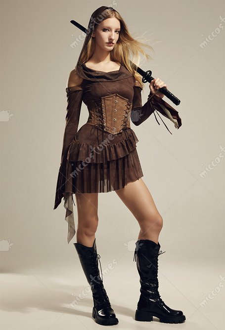 Wasteland Vestido Gótico de Manga Larga con Capucha y Cintura con Hombros Descubiertos