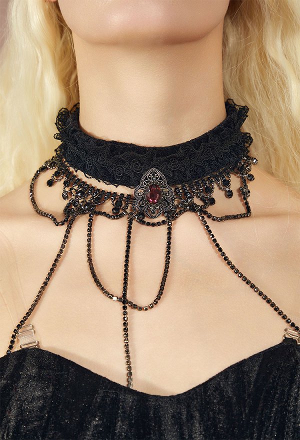Halloween Sexy Vampire Costume Outfit Gothic Vampire Lace Dress with Corset Belt Necklace Gloves