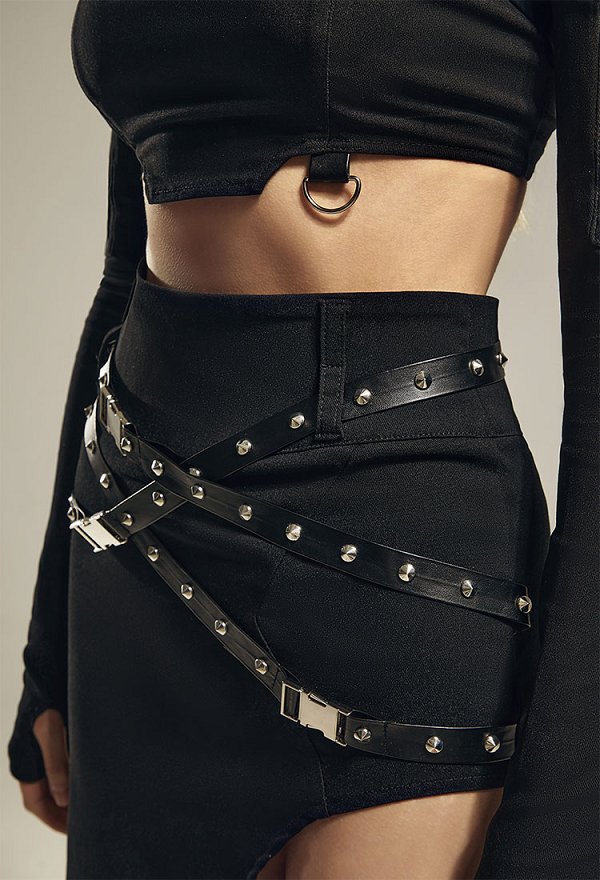 Gothic-Stil Sexy Outfit Crop Coat Weste hochgeschlitzter Rock mit Gürtel Kostüm