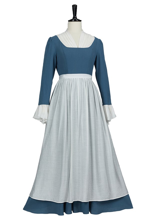 Pioneer Costume Medieval Colonial Style Long Prairie Dress Flared Sleeve Dress with Apron and Belt Pioneer Costume Medieval Colonial Style Long Prairie Dress Flared Sleeve Dress with Apron and Belt