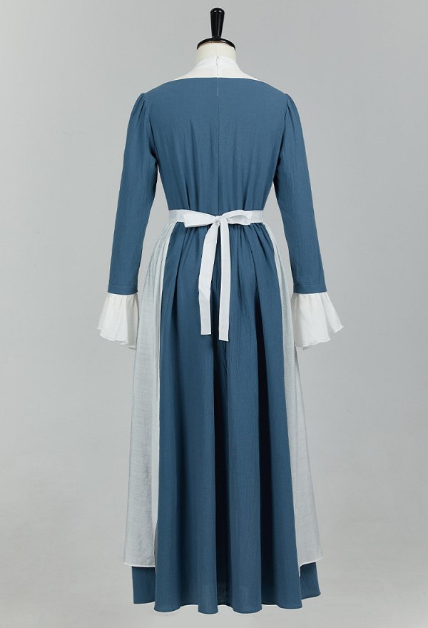 Pioneer Costume Medieval Colonial Style Long Prairie Dress Flared Sleeve Dress with Apron and Belt