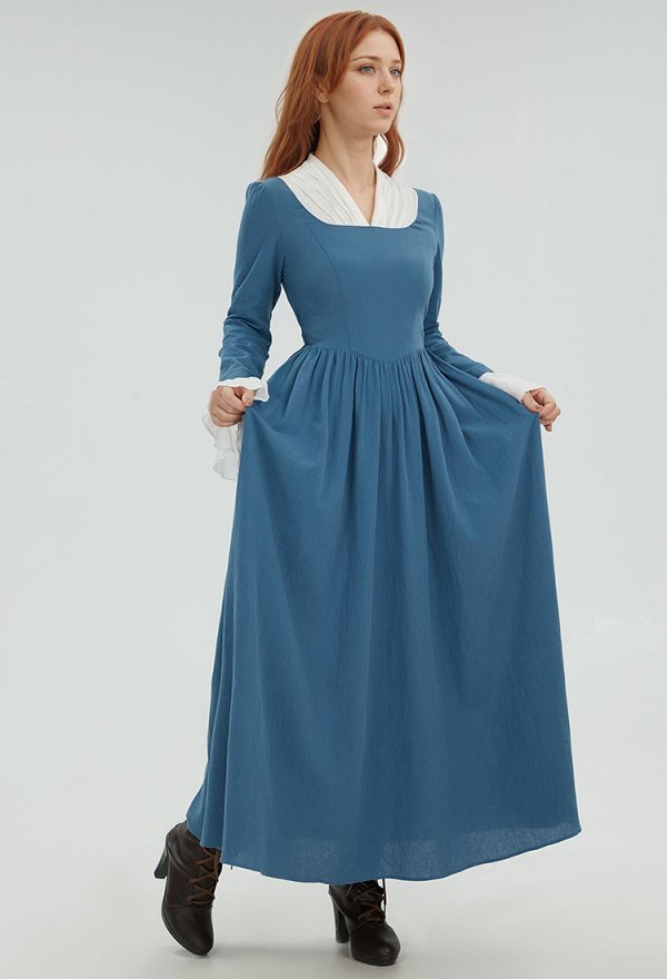 Pioneer Costume Medieval Colonial Style Long Prairie Dress Flared Sleeve Dress with Apron and Belt