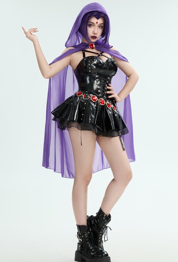 Disfraz de Cosplay Jubón de Tirantes Casual Derivado de Cuervo, Falda con Gasa con Capucha y Cinturón