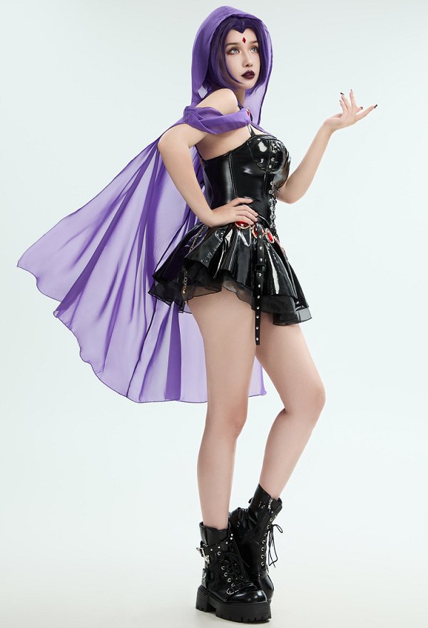 Disfraz de Cosplay Jubón de Tirantes Casual Derivado de Cuervo, Falda con Gasa con Capucha y Cinturón