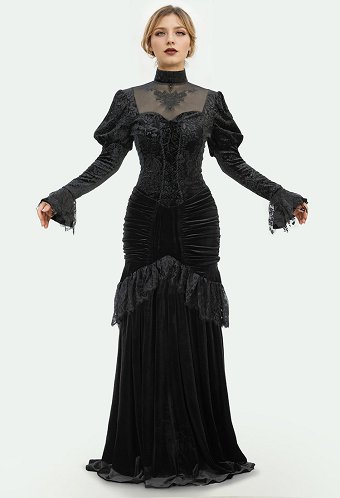 Medieval Renaissance Costume Halloween Gothic Black Victorian Lace Slim Dress