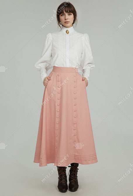 Jupe de cour médiévale pour femmes Jupe longue rose à volants et boutons