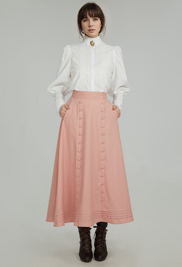 Disfraz de Cosplay Falda Rosa Larga de Estilo de Corte Medieval con Botones y Detalles de Encaje Disfraz de Cosplay Falda Rosa Larga de Estilo de Corte Medieval con Botones y Detalles de Encaje