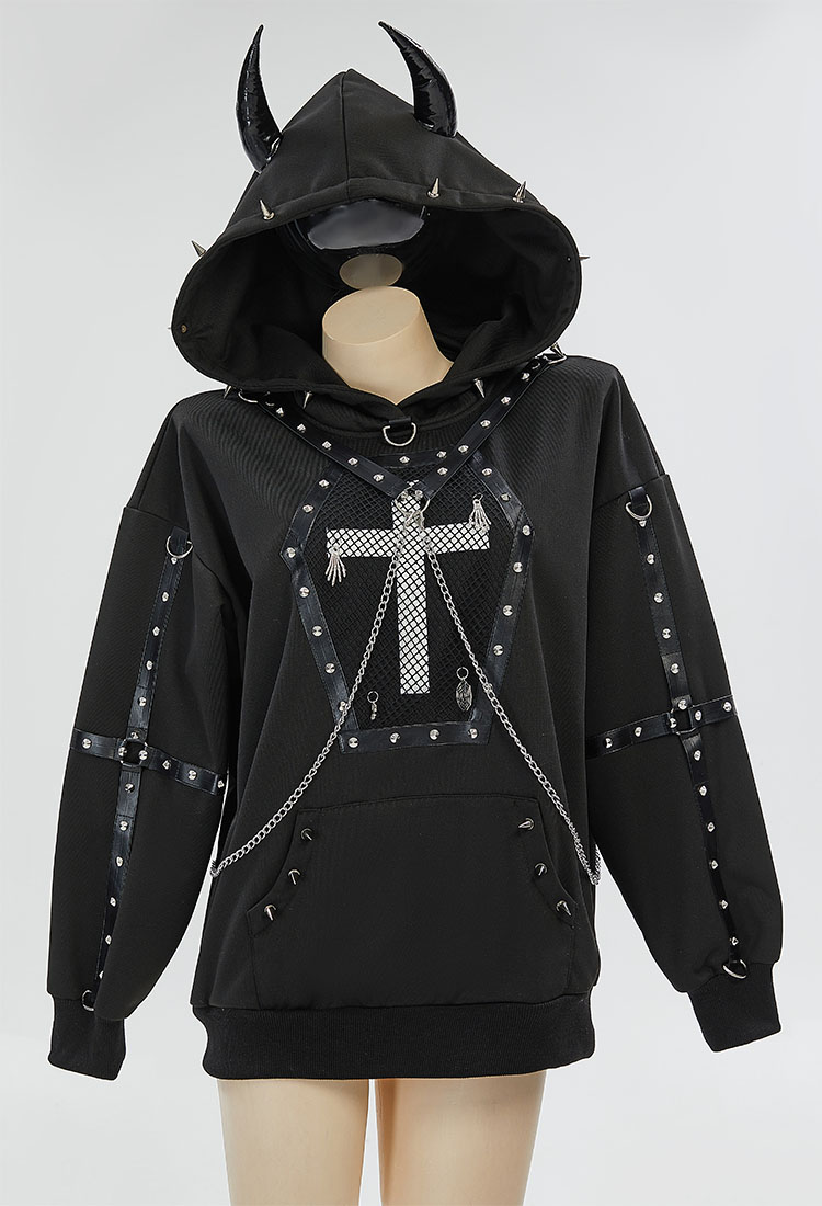 Estilo Gótico Sudadera Negro Cadena Remaches Cruz Decoración Demonio Cuernos Sudadera con capucha
