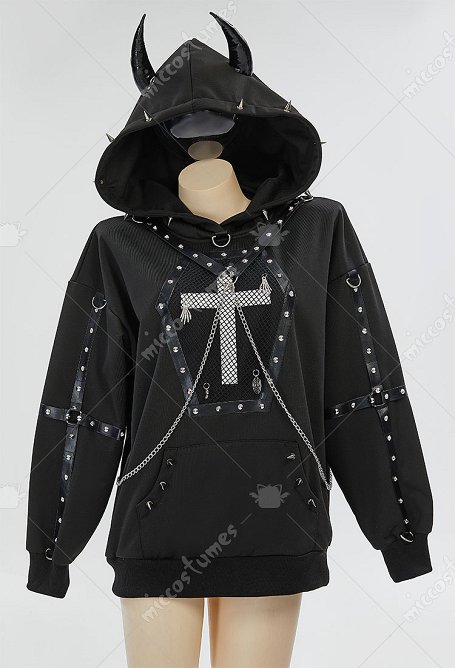 Estilo Gótico Sudadera Negro Cadena Remaches Cruz Decoración Demonio Cuernos Sudadera con capucha