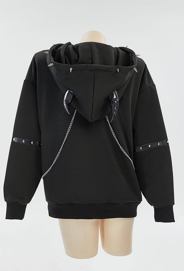 Gothic Style Schwarzes Sweatshirt Kettennieten Kreuzdekor Dämonenhörner Hoodie