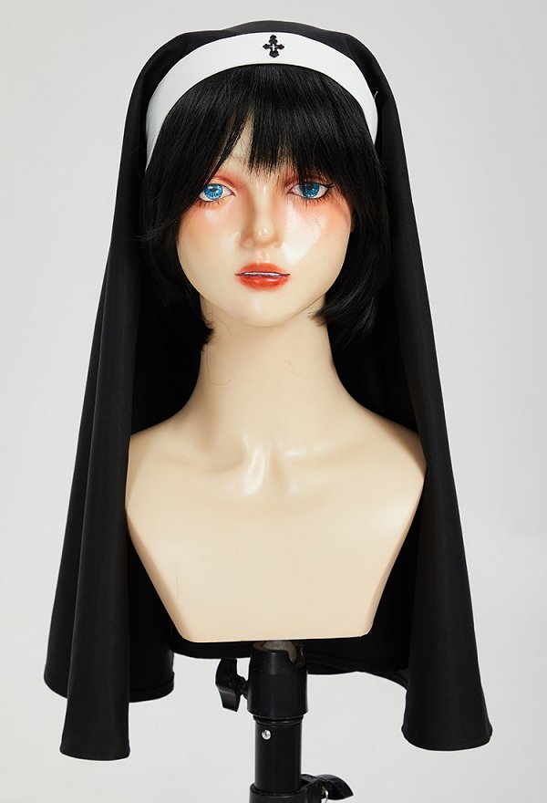 Disfraz de Cosplay Vestido Largo Negro Retro de Estilo de Monja Gótica para Halloween con Capa Collar y Cinturón de Cintura