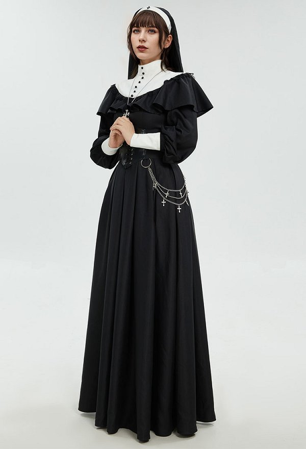 Disfraz de Cosplay Vestido Largo Negro Retro de Estilo de Monja Gótica para Halloween con Capa Collar y Cinturón de Cintura