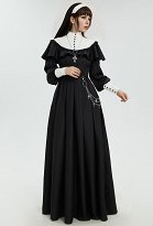 Gothic Halloween Nun Style Dress Retro Black Long Dress with Shawl and Necklace Waist Belt Cosplay Costume Gothic Halloween Nun Style Dress Retro Black Long Dress with Shawl and Necklace Waist Belt Cosplay Costume