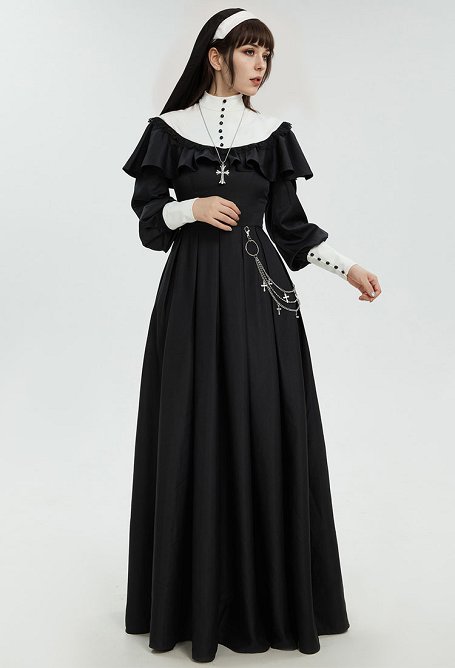 Disfraz de Cosplay Vestido Largo Negro Retro de Estilo de Monja Gótica para Halloween con Capa Collar y Cinturón de Cintura