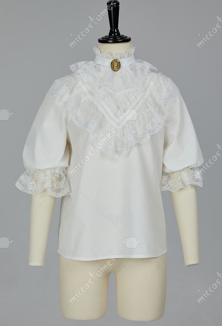 Disfraz de Cosplay Blusa Victoriana de Estilo Medieval con Encaje en las Mangas Abullonadas Mangas a Media Altura Camisa Blanca con Alfiler y Cuello