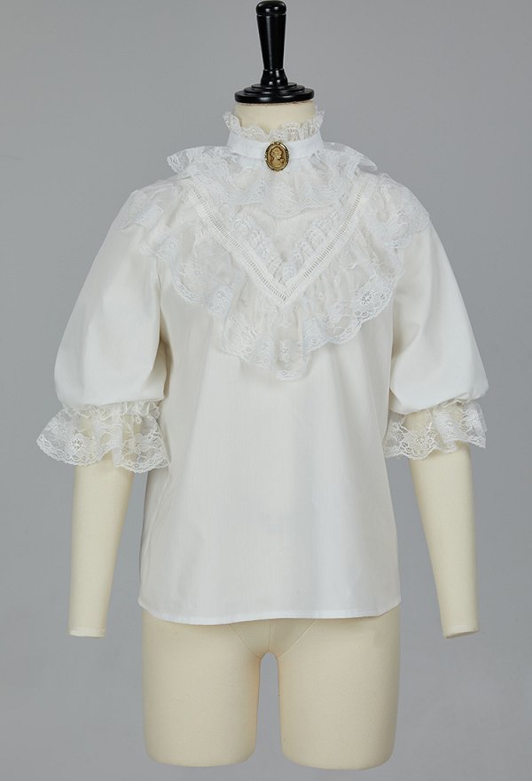 Disfraz de Cosplay Blusa Victoriana de Estilo Medieval con Encaje en las Mangas Abullonadas Mangas a Media Altura Camisa Blanca con Alfiler y Cuello Disfraz de Cosplay Blusa Victoriana de Estilo Medieval con Encaje en las Mangas Abullonadas Mangas a Media Altura Camisa Blanca con Alfiler y Cuello