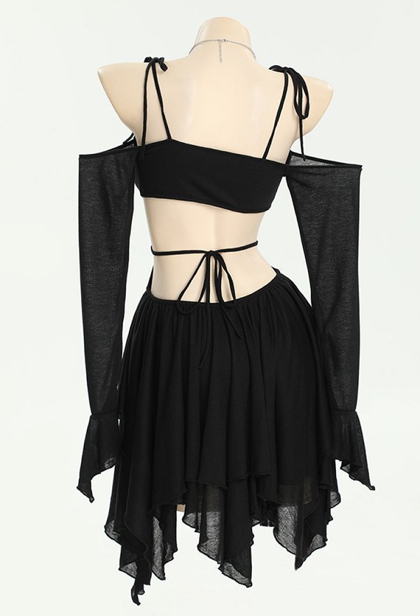 Vestido gótico de hadas para Halloween, estilo oscuro, con recortes en forma de murciélago y corte irregular Vestido gótico de hadas para Halloween, estilo oscuro, con recortes en forma de murciélago y corte irregular