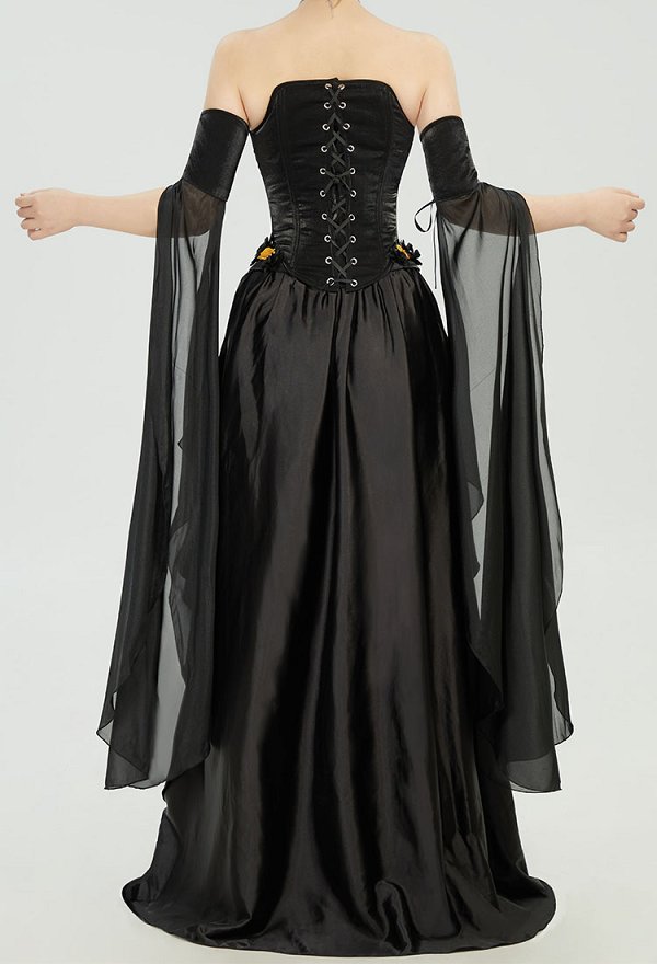 Medieval Renaissance Dark Elf Style Elegant Long Dress Set Flower Lace-up Corset and Skirt with Sleeves Costume Medieval Renaissance Dark Elf Style Elegant Long Dress Set Flower Lace-up Corset and Skirt with Sleeves Costume