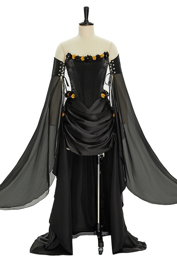 Medieval Renaissance Dark Elf Style Elegant Long Dress Set Flower Lace-up Corset and Skirt with Sleeves Costume