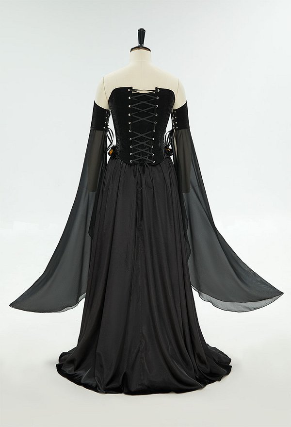 Medieval Renaissance Dark Elf Style Elegant Long Dress Set Flower Lace-up Corset and Skirt with Sleeves Costume Medieval Renaissance Dark Elf Style Elegant Long Dress Set Flower Lace-up Corset and Skirt with Sleeves Costume