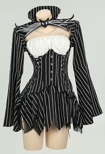 Jack Derivada Gótico Negro Blanco Raya Disfraz SLeeve Top Largo y Tubo con Falda y Guantes
