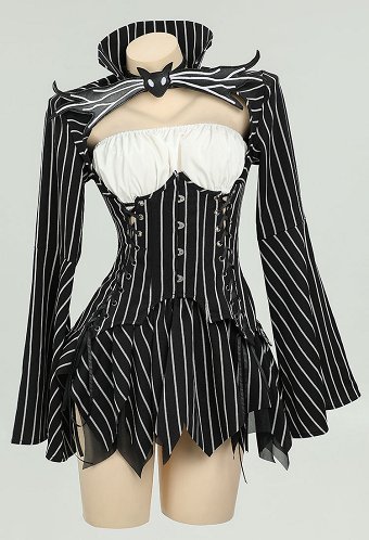 Jack Derivada Gótico Negro Blanco Raya Disfraz SLeeve Top Largo y Tubo con Falda y Guantes