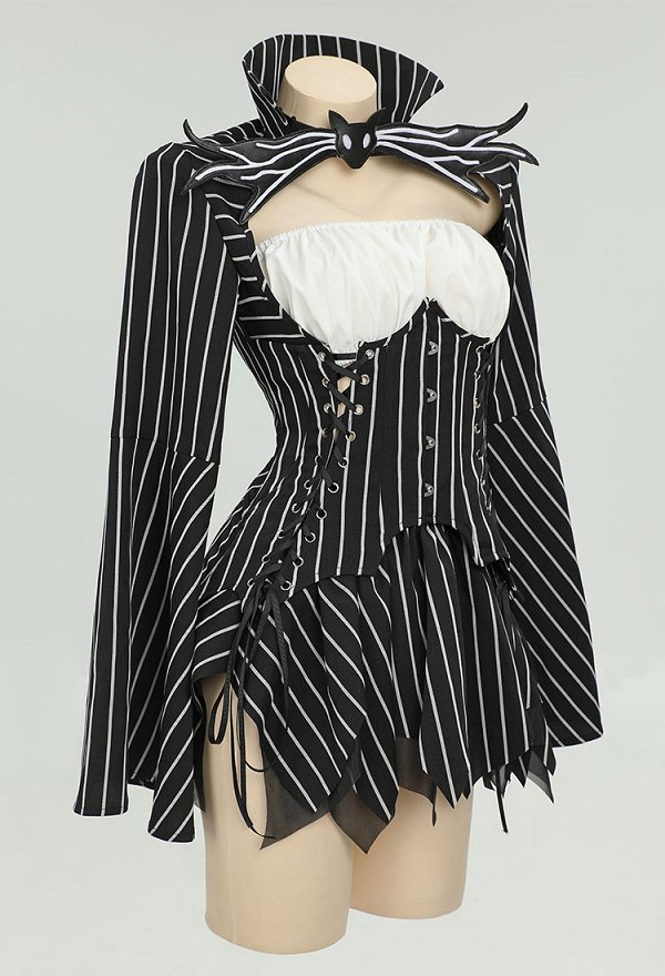 Jack Derivative Gothic Black White Stripe Costume Long SLeeve Top and Tube Top with Skirt and Gloves