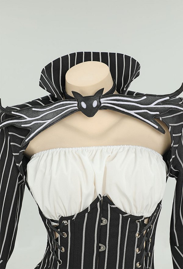 Jack Derivative Gothic Black White Stripe Costume Long SLeeve Top and Tube Top with Skirt and Gloves