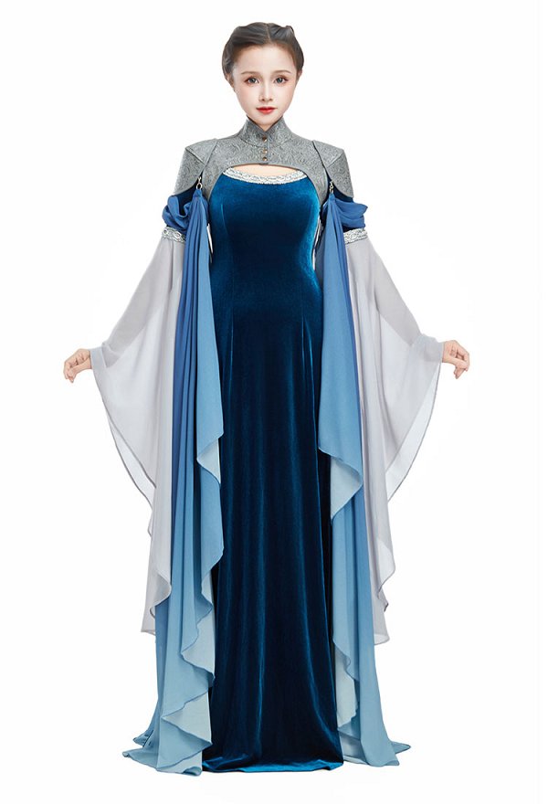 Medieval Gradient Blue Elf Style Shawl Retro Waistcoat And Train With Chain Medieval Gradient Blue Elf Style Shawl Retro Waistcoat And Train With Chain