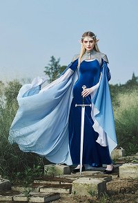 Medieval Gradient Blue Elf Style Shawl Retro Waistcoat And Train With Chain