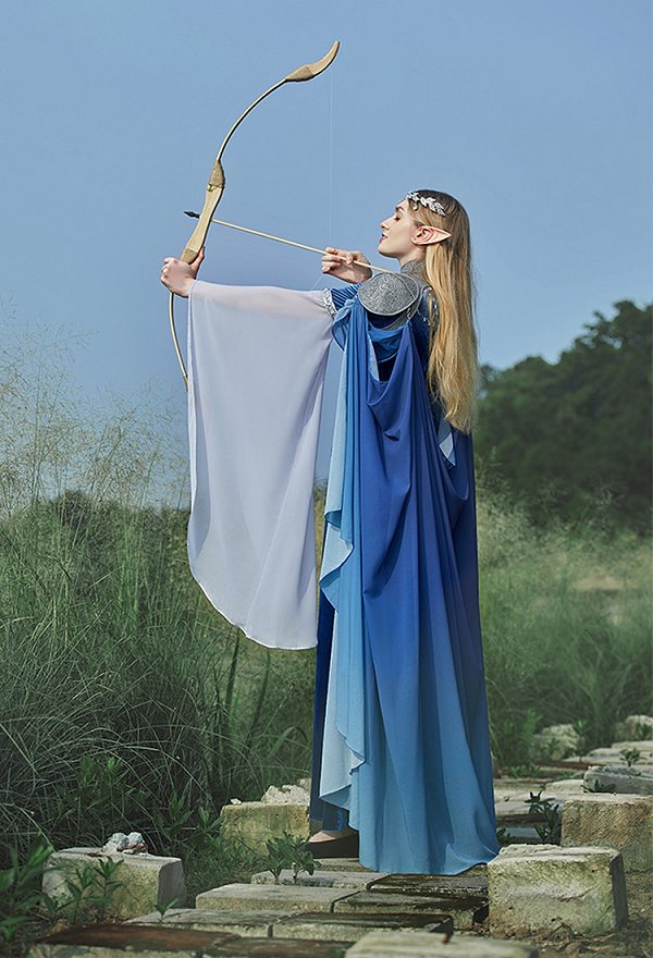 Medieval Gradient Blue Elf Style Shawl Retro Waistcoat And Train With Chain Medieval Gradient Blue Elf Style Shawl Retro Waistcoat And Train With Chain