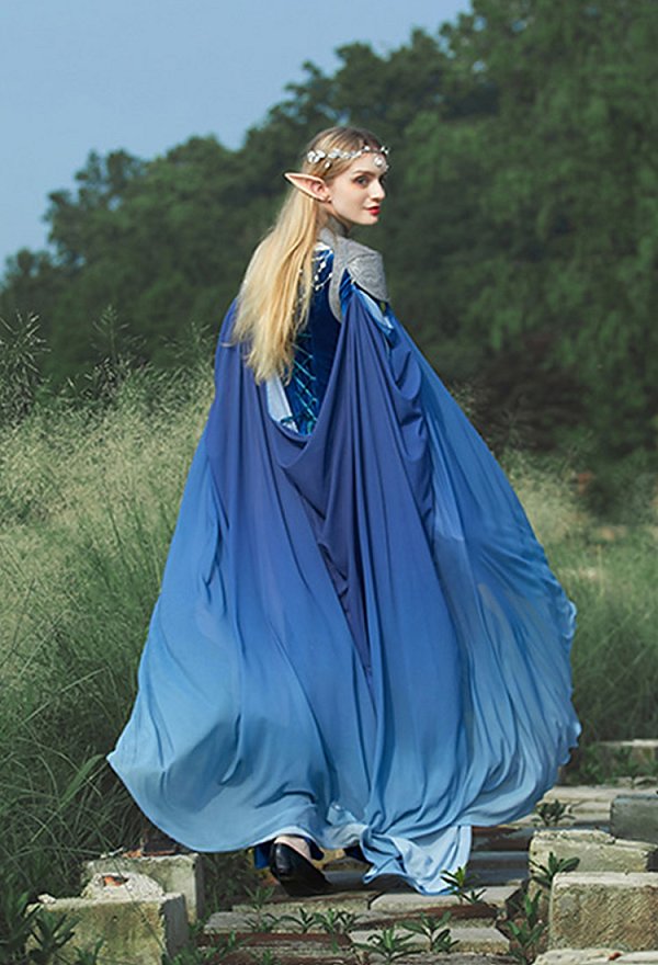 Medieval Gradient Blue Elf Style Shawl Retro Waistcoat And Train With Chain Medieval Gradient Blue Elf Style Shawl Retro Waistcoat And Train With Chain
