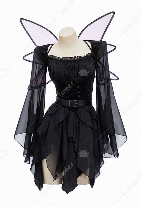 Halloween Vestido de Elfa Mágica Negra con Cinturón y Alas