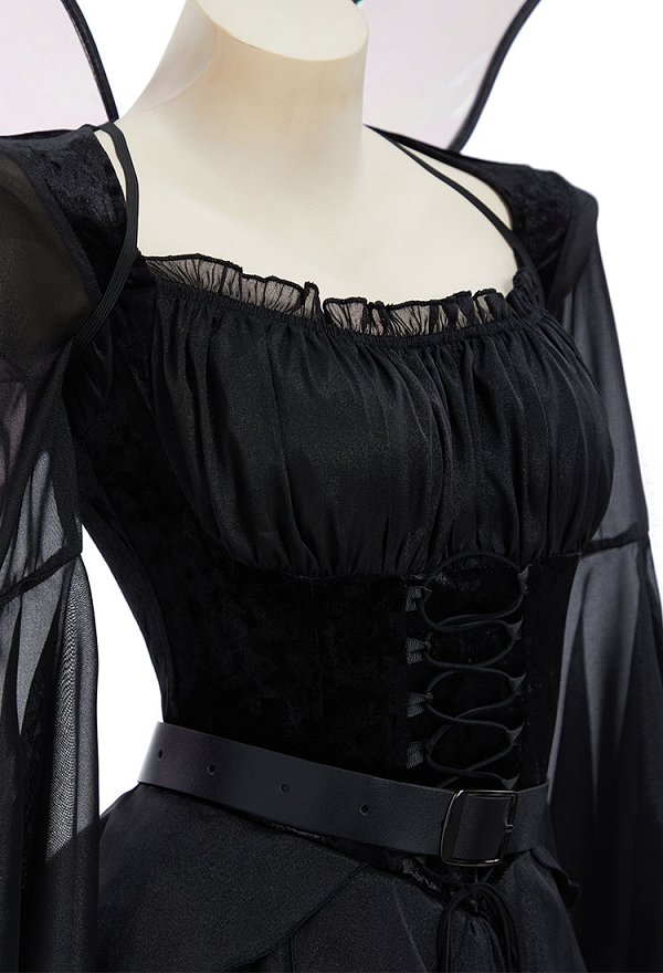 Halloween Costume Robe d'elfe Noir Magie avec ceinture et ailes Halloween Costume Robe d'elfe Noir Magie avec ceinture et ailes