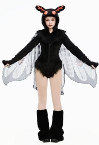 Halloween Mothman Hooded Bodysuit Dark Style Furry Bodysuit with Wings and Collar