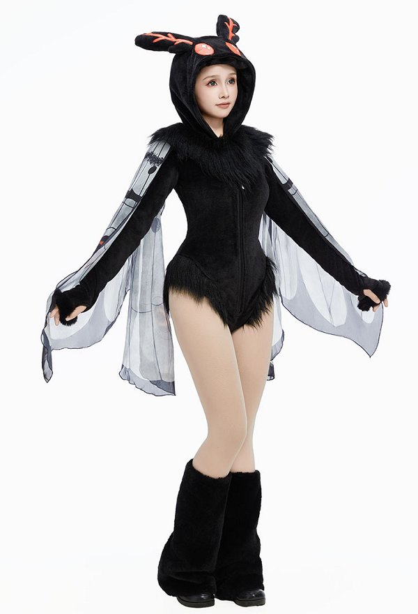 Halloween Mothman Hooded Bodysuit Dark Style Furry Bodysuit with Wings and Collar