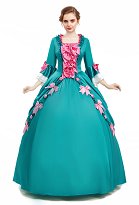 Medieval pompadour Vestido rococó vintage de satén verde largo y lazo decorativo Medieval pompadour Vestido rococó vintage de satén verde largo y lazo decorativo