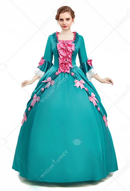 Medieval pompadour Vestido rococó vintage de satén verde largo y lazo decorativo