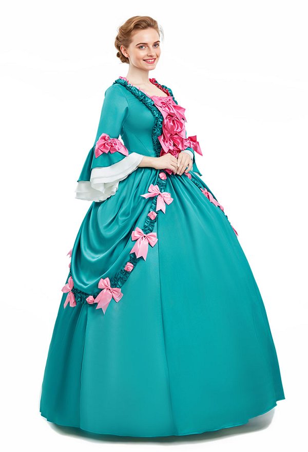 Robe longue médiévale Pompadour en satin vert Robe vintage rococo Robe décorée de nœuds