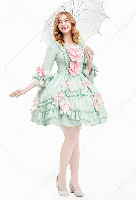 Medieval Pompadour Vestido Corto vintage rococó verde menta con decoración de lazo.