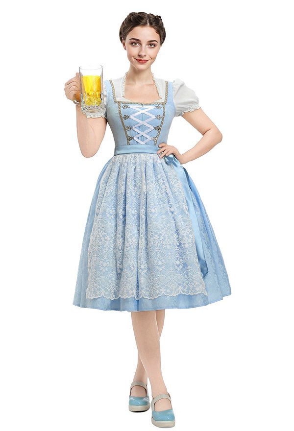Oktoberfest Vestido dirndl conjunto de top, delantal y traje bávaro de cuello cuadrado alemán
