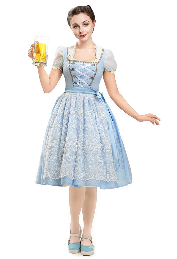 Oktoberfest Vestido dirndl conjunto de top, delantal y traje bávaro de cuello cuadrado alemán