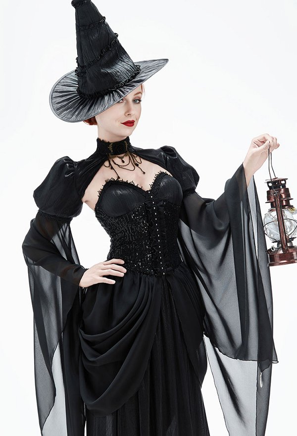 Halloween Vintage Witch Dress Gothic Witch Black Dress with Top and Hat